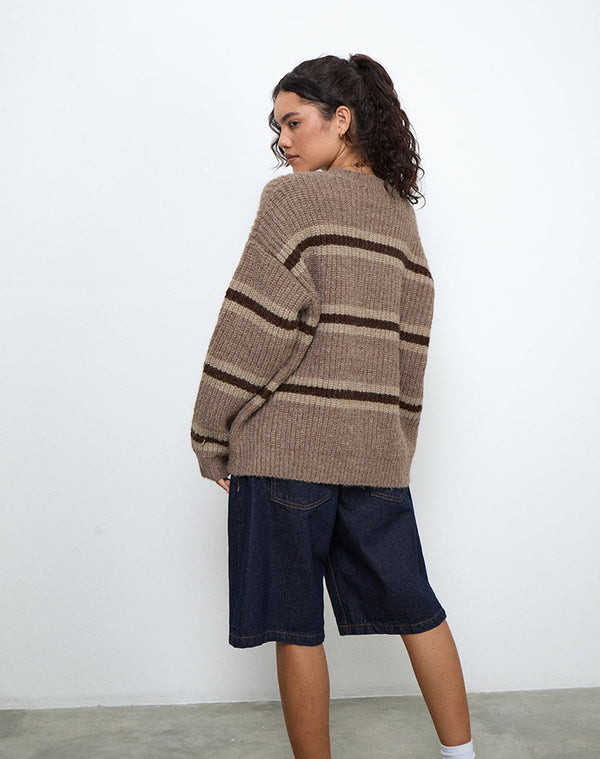Motel Rocks Lunet Knitted Jumper In Stripe Tonal Brown