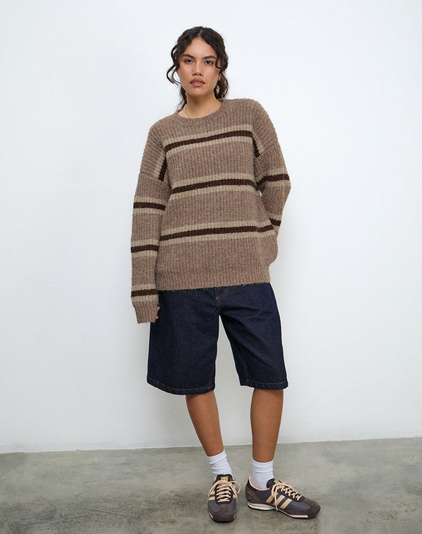 motel rocks Lunet Knitted Jumper in Stripe Tonal Brown