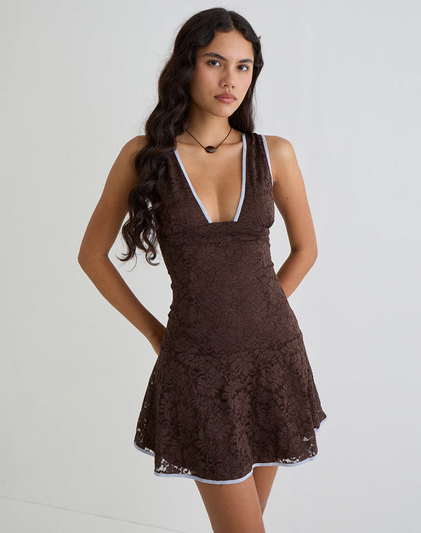 Motel Rocks Luscian Mini Dress In Lace Chocolate With Blue Binding