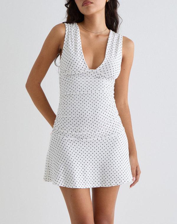 Motel Rocks Luscian Plunge Mini Dress In White With Micro Polka Black