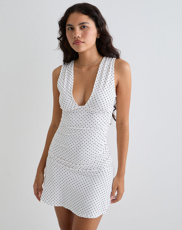 motel rocks Luscian Plunge Mini Dress in White with Micro Polka Black