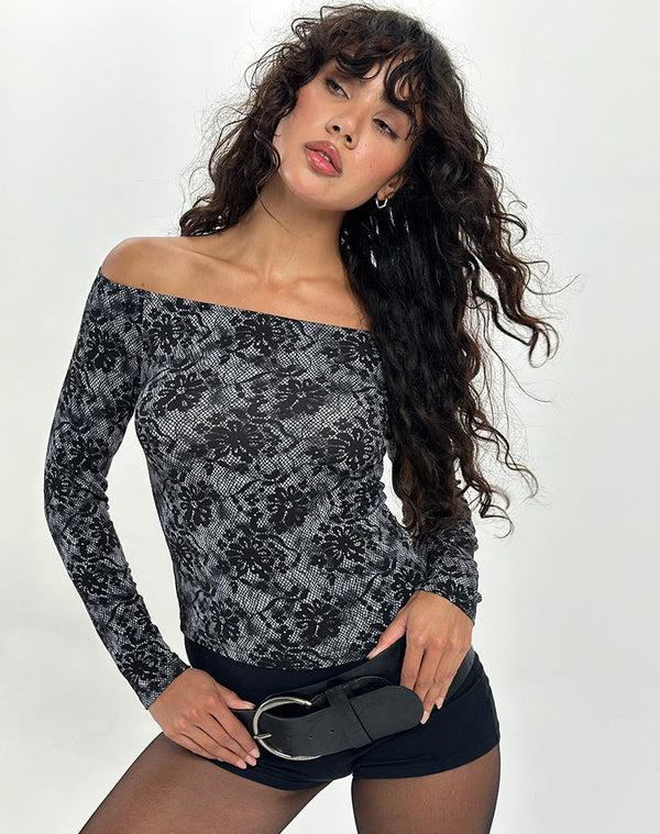 Motel Rocks Lutana Bardot Long Sleeve Top In Midnight Floral Grey