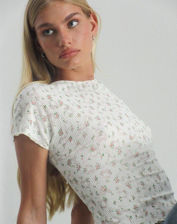 Motel Rocks Luyu Short Sleeve Top In Floral Lace Ivory