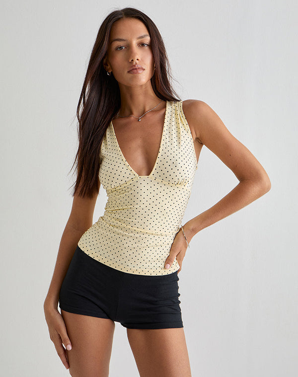 motel rocks Lycia Plunge Top in Cream with Black Micro Polka Print