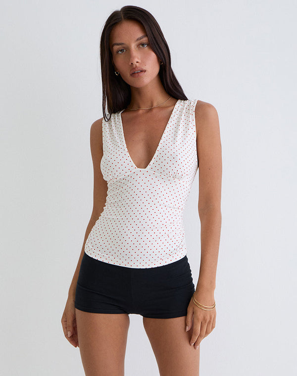 Motel Rocks Lycia Plunge Top In White With Red Micro Polka Print