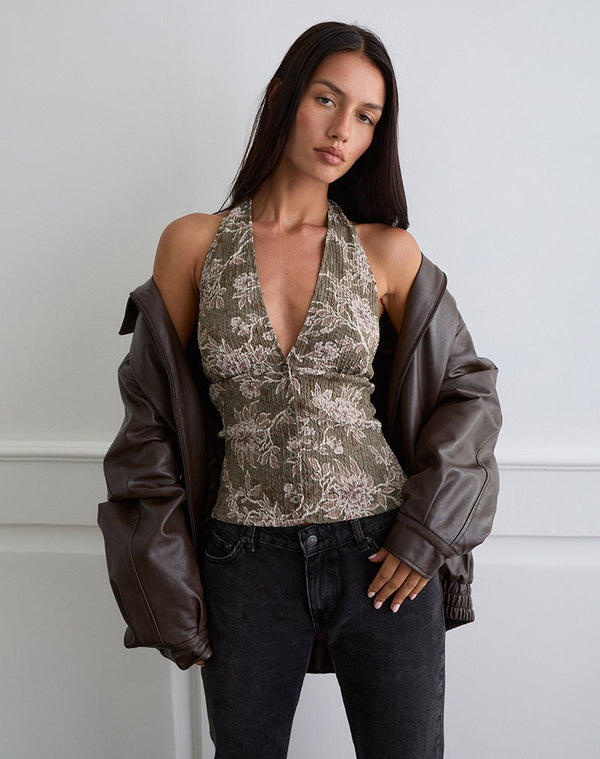 motel rocks Mabli Halterneck Top in Textured Woven Floral Green