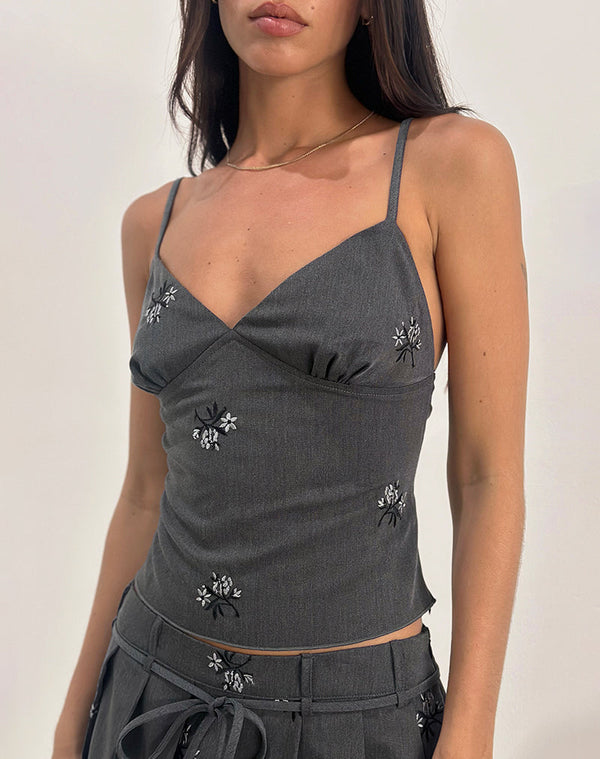 Motel Rocks Madira Top In Floral Embroidery Tailoring Charcoal