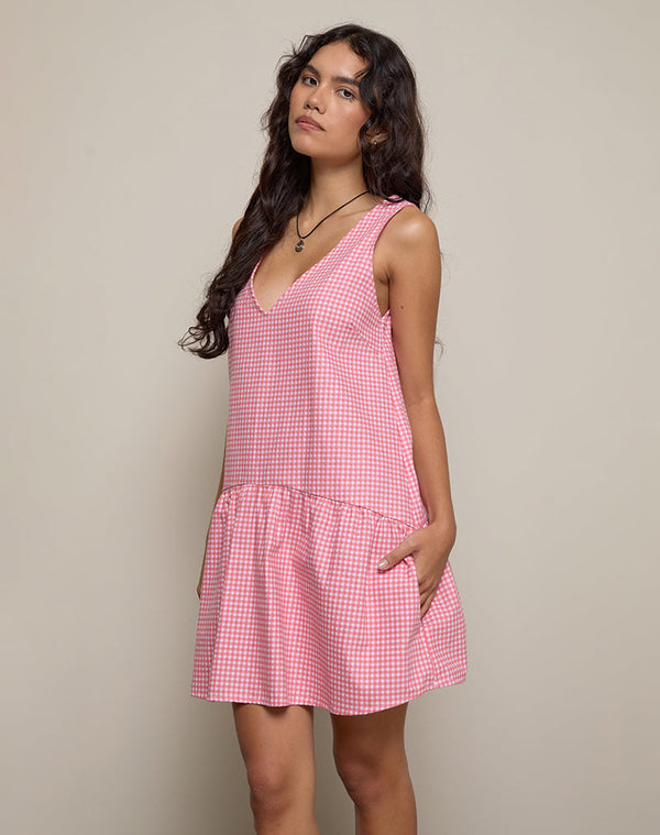 Motel Rocks Magare Mini Dress In Mini Gingham Peach