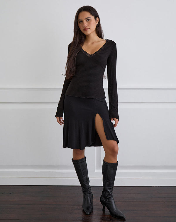 Motel Rocks Maivi Long Sleeve Top In Black With Lace Trim
