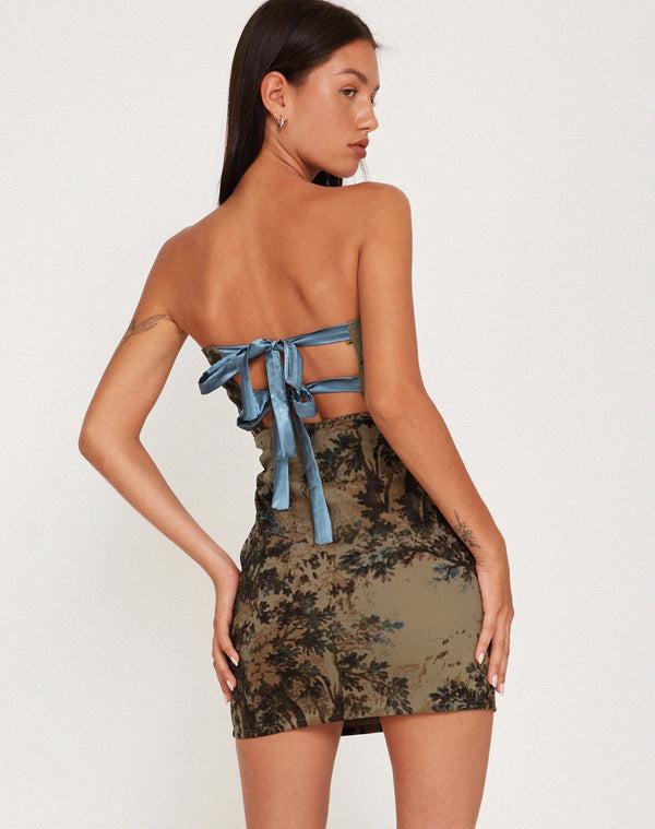 motel rocks Majken Bandeau Mini Tie Dress in Brown Forest Tapestry