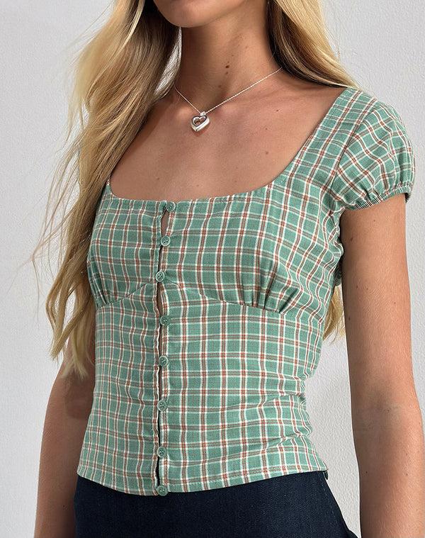 Motel Rocks Malsa Scoop Button Blouse In Teal Check