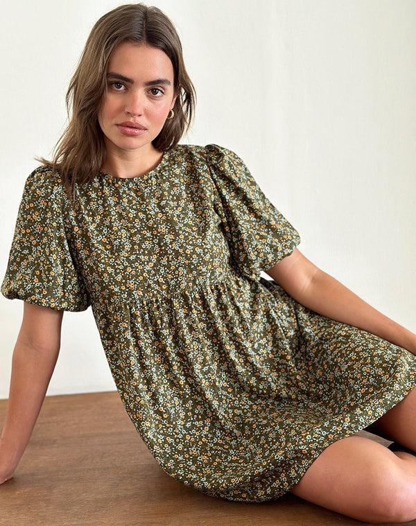 Motel Rocks Marate Puff Sleeve Mini Dress In Grunge Floral Khaki