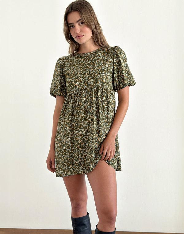 Motel Rocks Marate Puff Sleeve Mini Dress In Grunge Floral Khaki