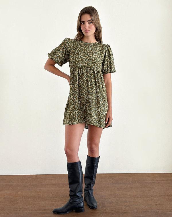 motel rocks Marate Puff Sleeve Mini Dress in Grunge Floral Khaki