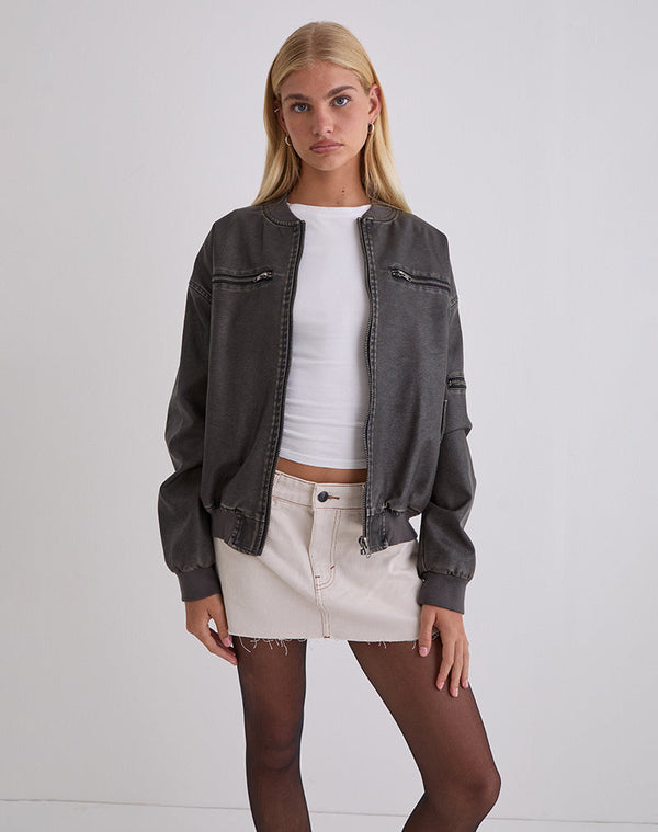 Motel Rocks Marco Distressed Bomber Jacket In PU Charcoal