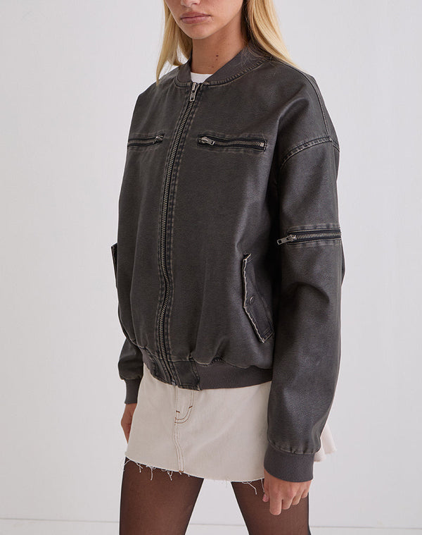 Motel Rocks Marco Distressed Bomber Jacket In PU Charcoal