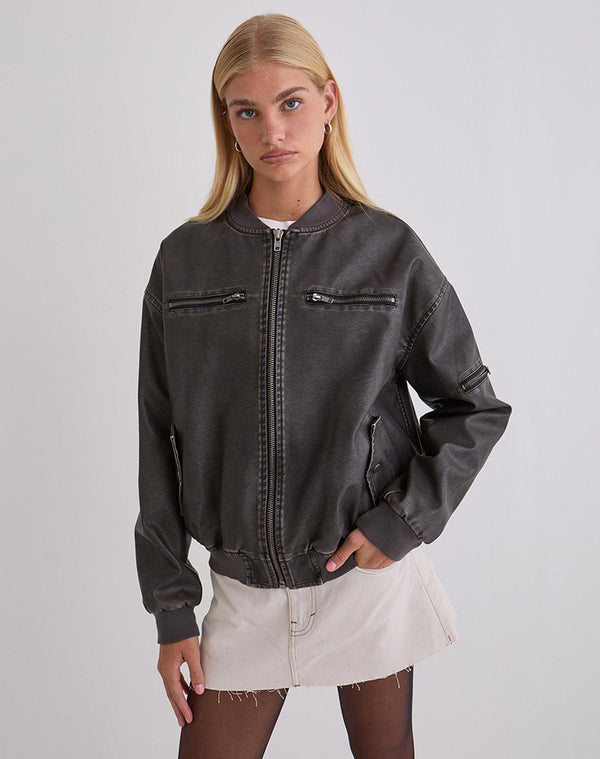 motel rocks Marco Distressed Bomber Jacket in PU Charcoal