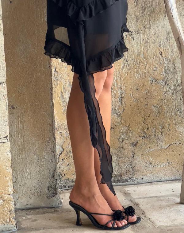 Motel Rocks Margaret Ruffle Mini Dress In Black Chiffon With Rosette