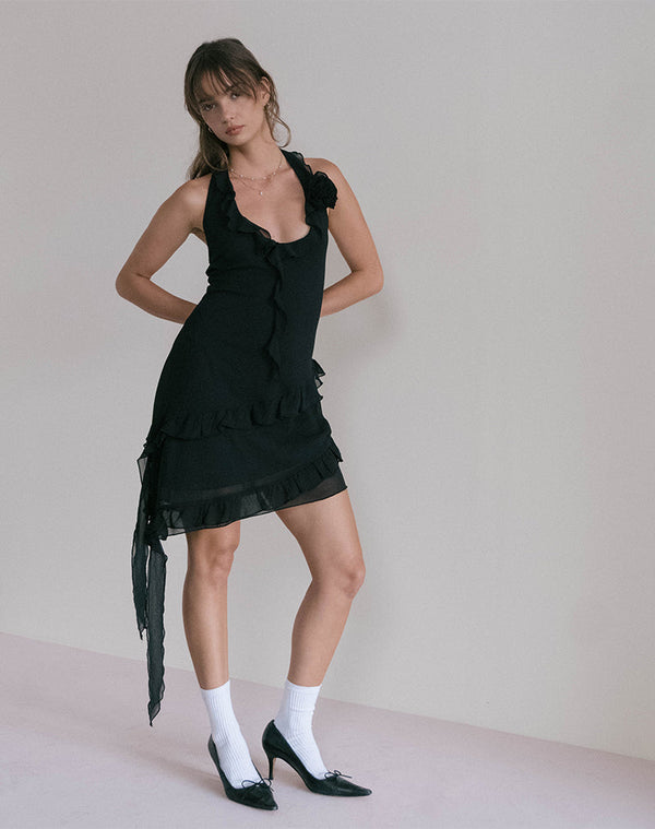 motel rocks Margaret Ruffle Mini Dress in Black Chiffon with Rosette