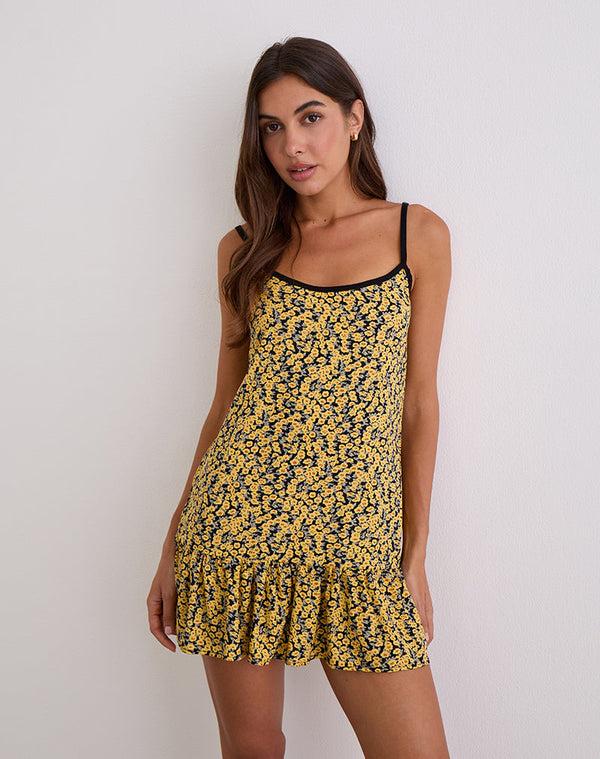 motel rocks Marige Roundneck Mini Dress in Mini Bloom Yellow