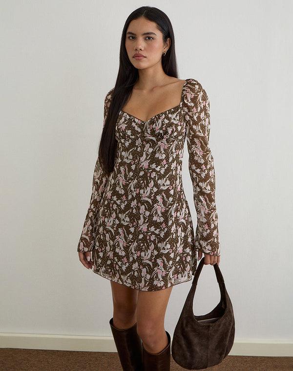 Motel Rocks Mariko Dress In Brown And Pink Polka Flower Chiffon