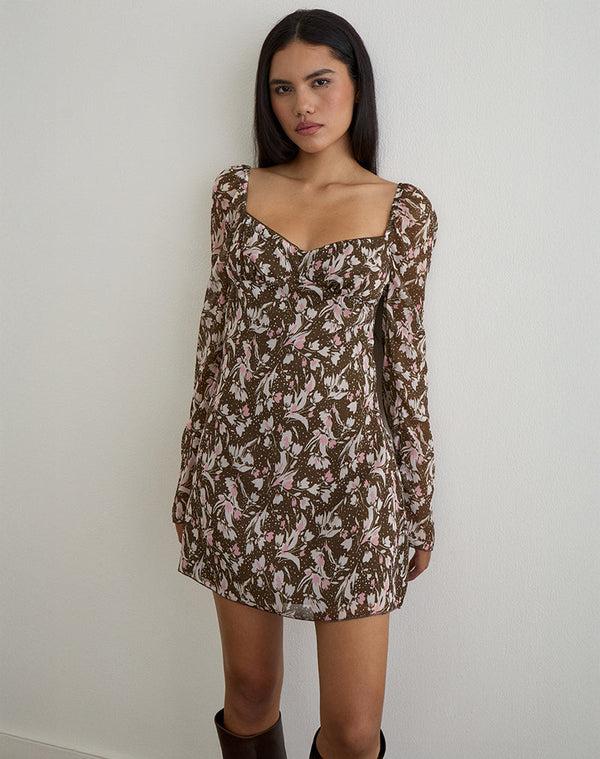 Motel Rocks Mariko Dress In Brown And Pink Polka Flower Chiffon