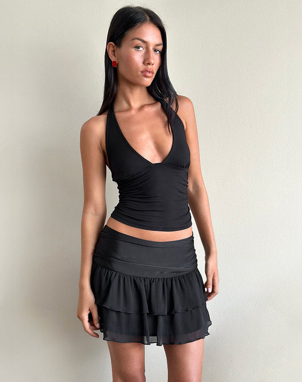motel rocks Masama Frill Mini Skirt in Black Satin and Chiffon