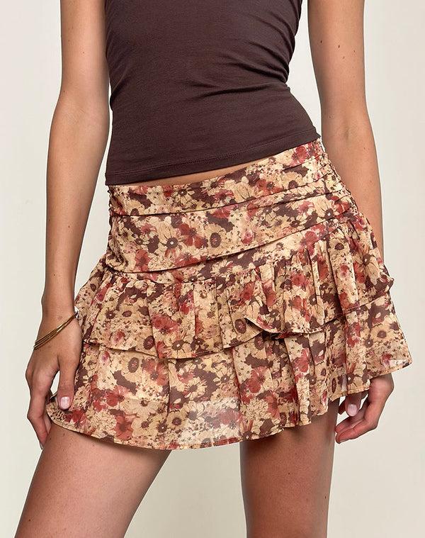 Motel Rocks Masama Frill Mini Skirt In Chiffon Rusty Flower