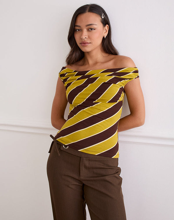 Motel Rocks Maurisia Off Shoulder Top In Retro Stripe Yellow