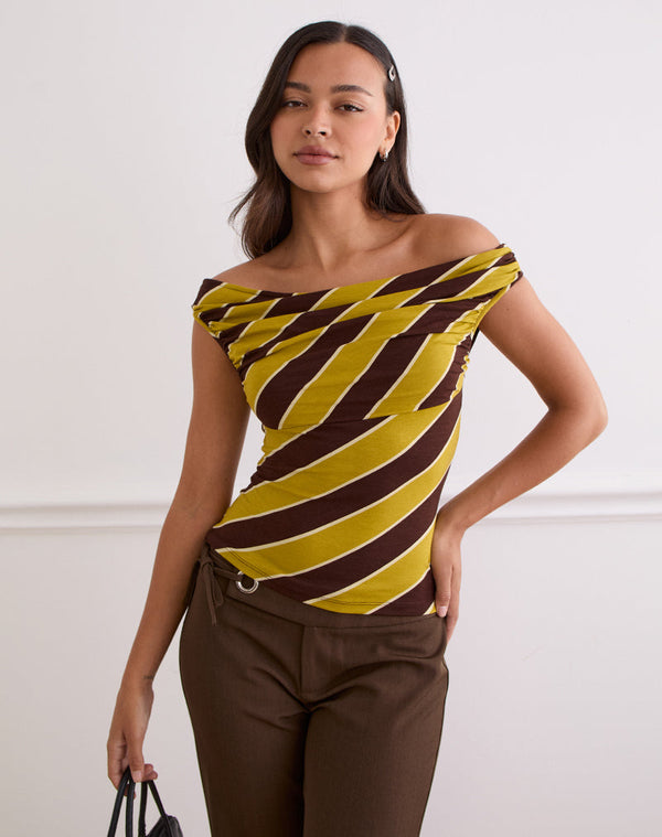 motel rocks Maurisia Off Shoulder Top in Retro Stripe Yellow
