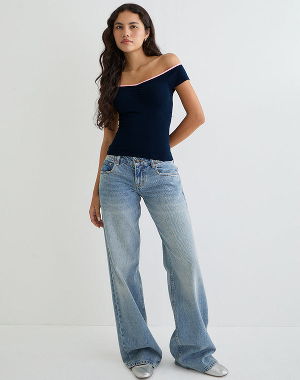 Motel Rocks Mayomi Off The Shoulder Top In Navy With Pink Binding