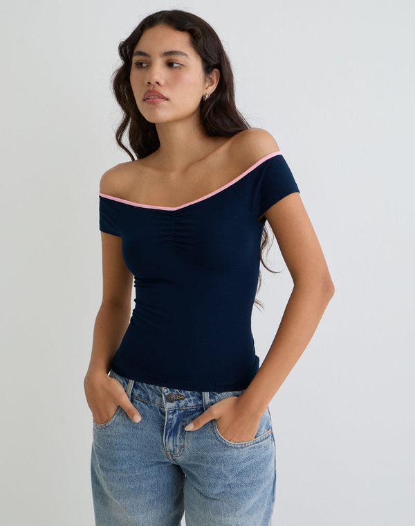 motel rocks Mayomi Off the Shoulder Top in Navy with Pink Binding