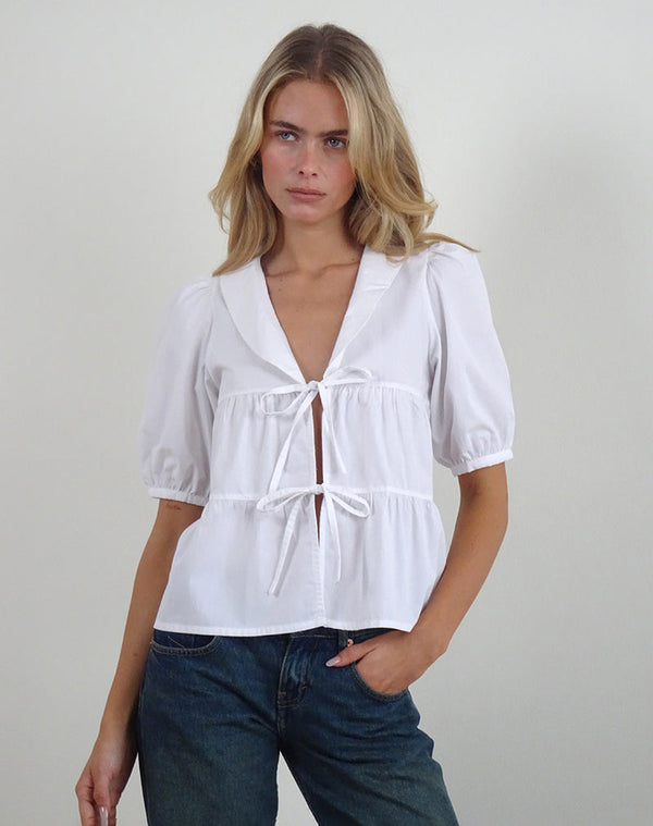 Motel Rocks Medda Puff Sleeve Shirt In Poplin White