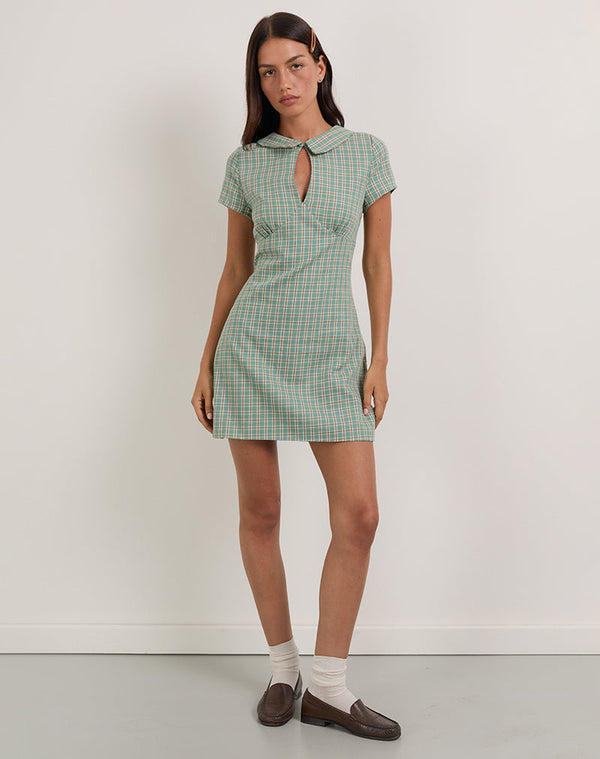 motel rocks Medora Keyhole Mini Dress in Teal Check