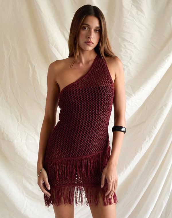 Motel Rocks Meloka Asymmetric Fringe Mini Dress In Berry