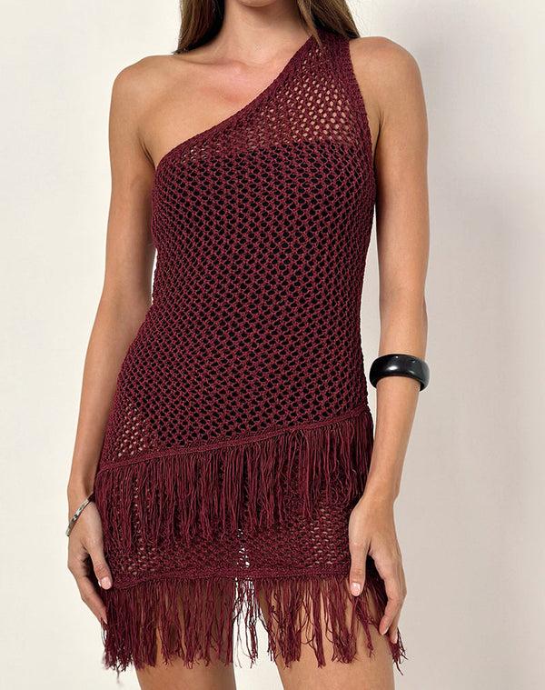 motel rocks Meloka Asymmetric Fringe Mini Dress in Berry