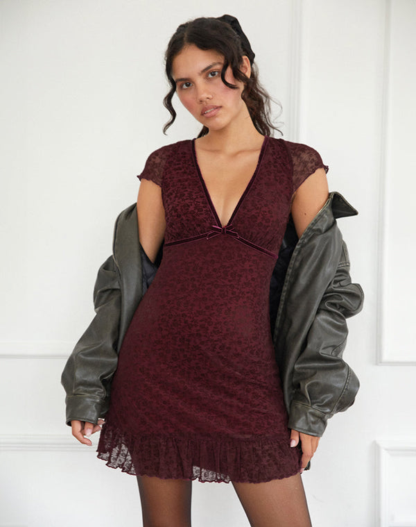 motel rocks Melva Mini Dress in Ditsy Flock Burnt Maroon