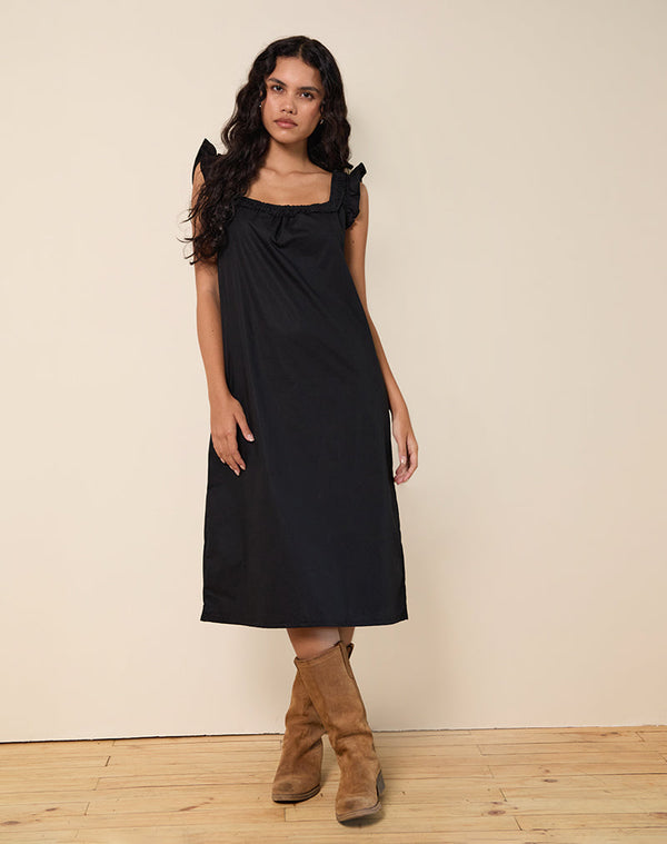 Motel Rocks Merrily Smock Midi Dress In Poplin Black