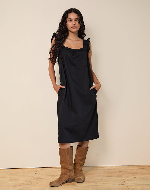 motel rocks Merrily Smock Midi Dress in Poplin Black