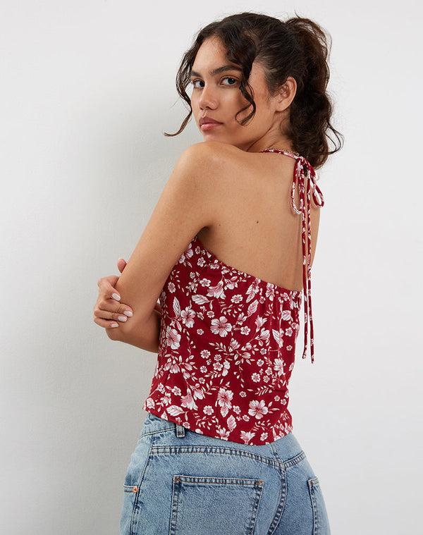 Motel Rocks Metra Twist Front Top In Berry Blush Floral
