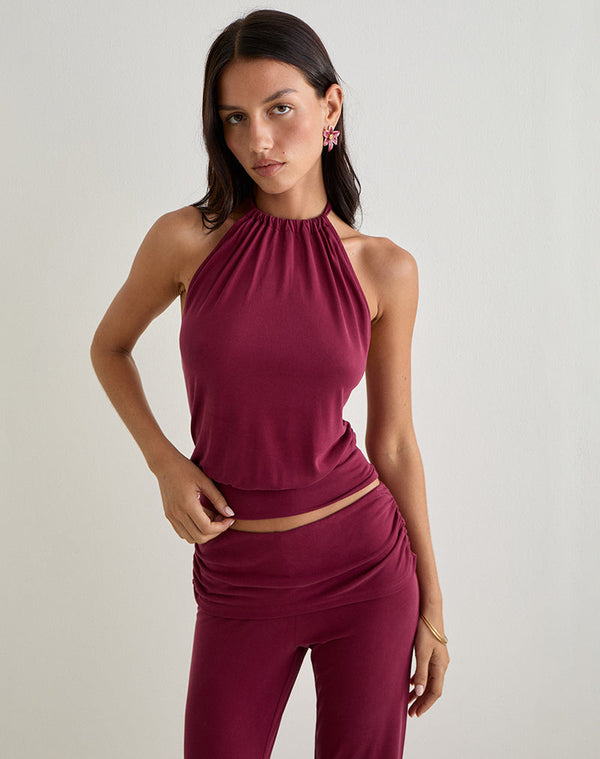 Motel Rocks Miasa Backless Halterneck Top In Cupro Burgundy