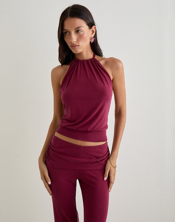 motel rocks Miasa Backless Halterneck Top in Cupro Burgundy