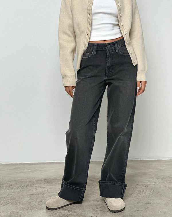 motel rocks Mid Rise Turn Up Straight Jeans in Washed Black Grey
