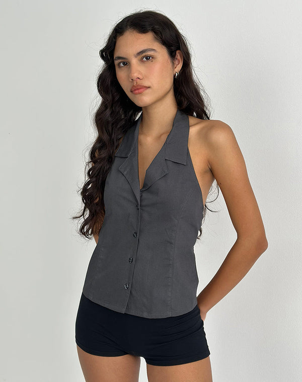 Motel Rocks Mikanu Button Down Halterneck Blouse In Charcoal Grey