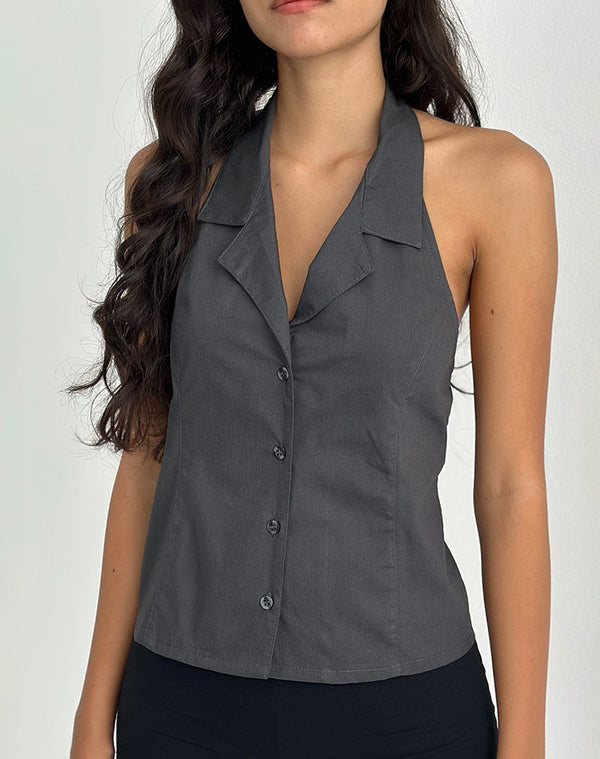 motel rocks Mikanu Button Down Halterneck Blouse in Charcoal Grey
