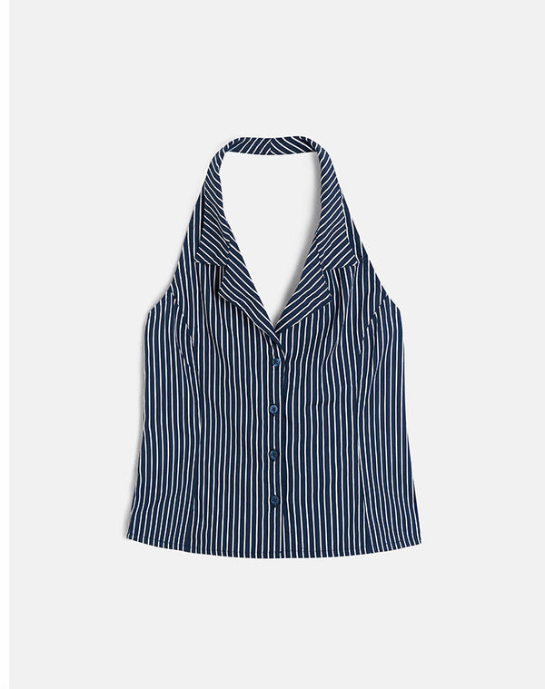 Motel Rocks Mikanu Halterneck Blouse In Pinstripe Navy