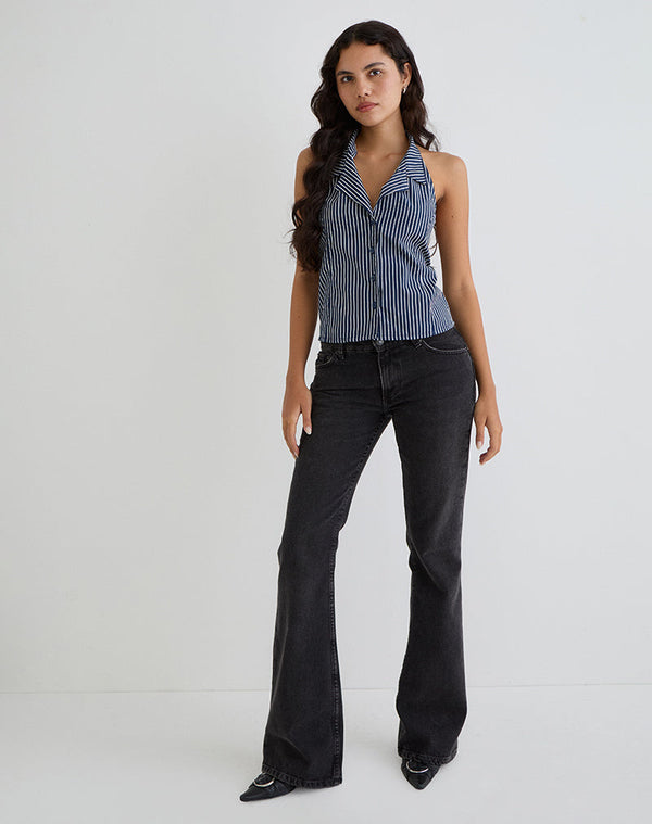 Motel Rocks Mikanu Halterneck Blouse In Pinstripe Navy