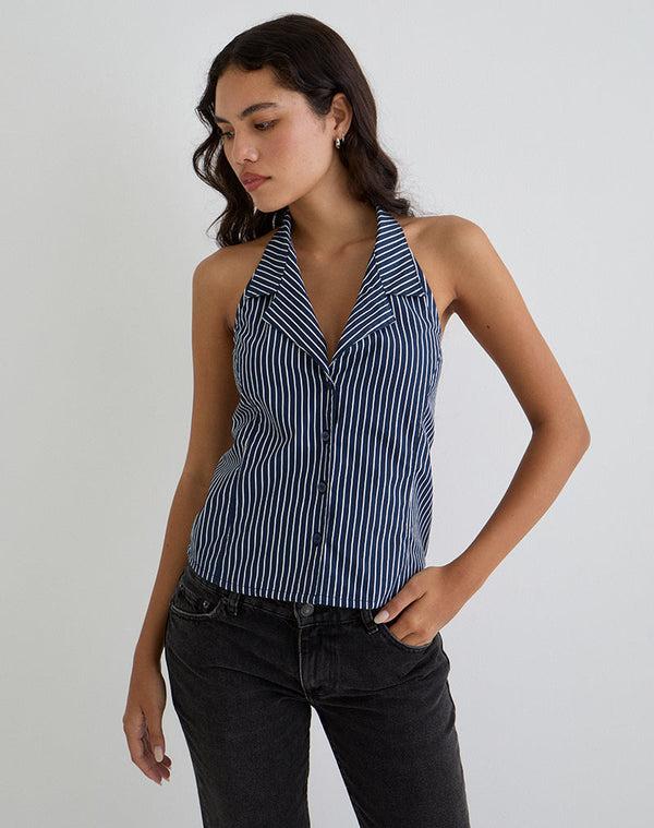 motel rocks Mikanu Halterneck Blouse in Pinstripe Navy