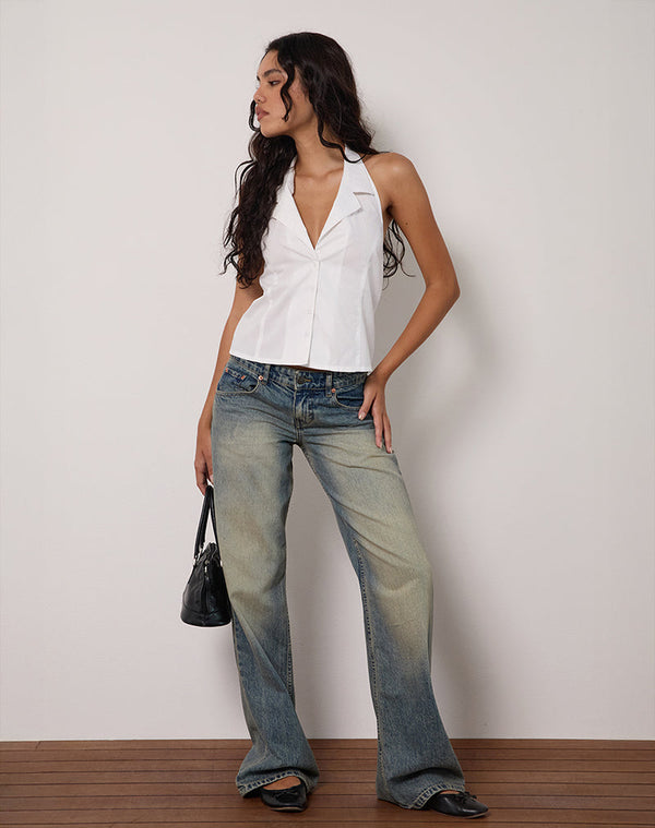 Motel Rocks Mikanu Halterneck Button Down Blouse In Poplin White