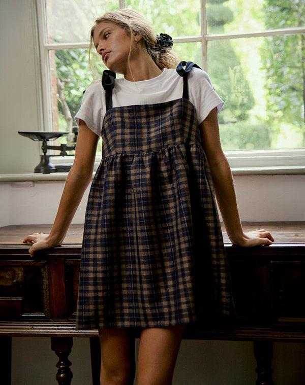 motel rocks Mikayla Square Neck Mini Dress in Navy and Mustard Check